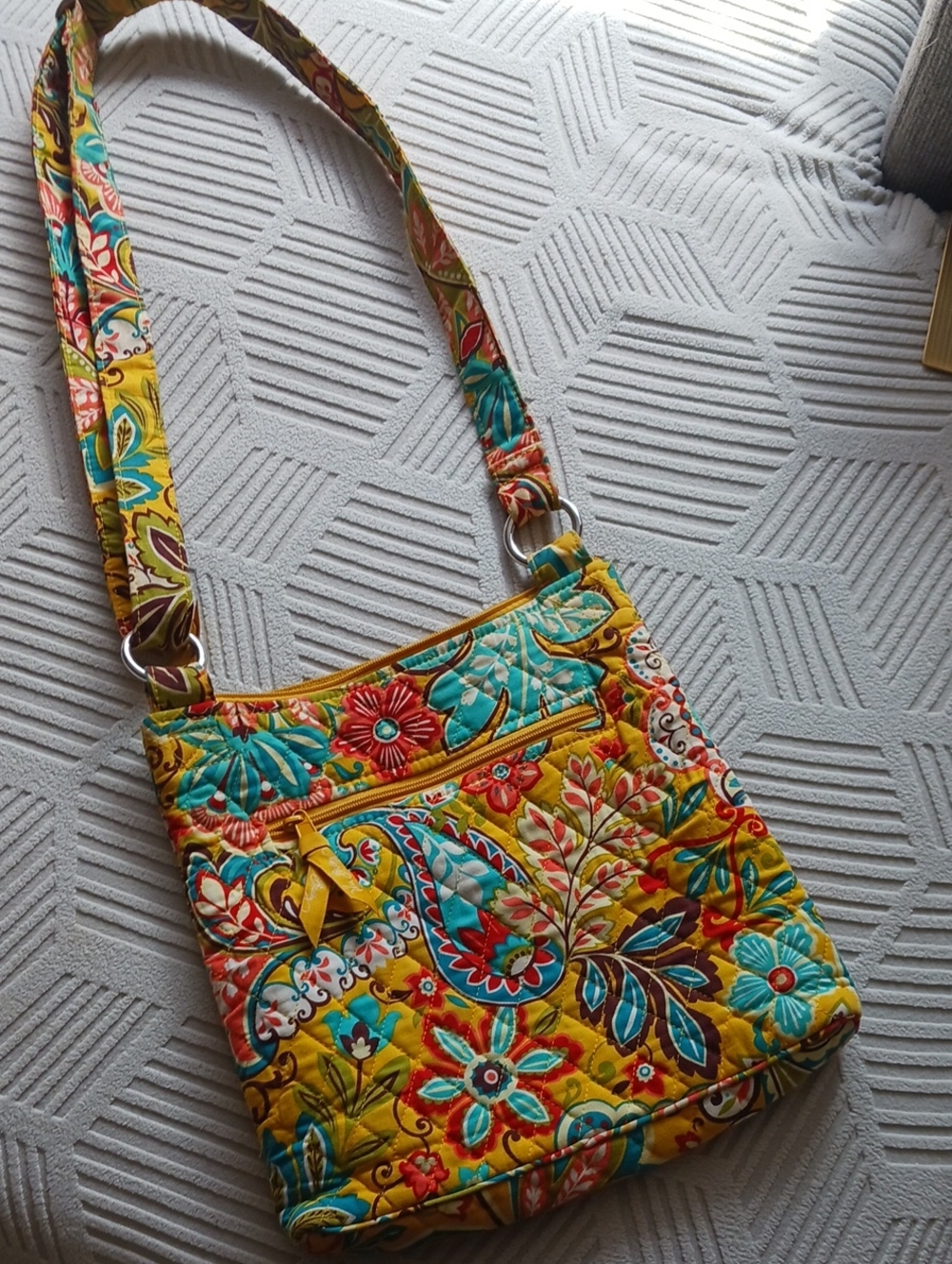 Quilted Floral Crossbody Bag in Yellow & Teal